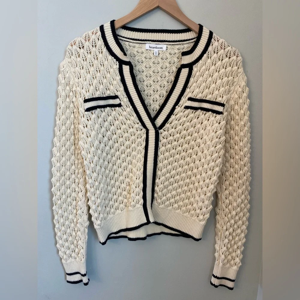 Heartloom Sybil Sweater Crochet Knit V Neck Ivory Size Small Preppy Cottagecore - Picture 2 of 16